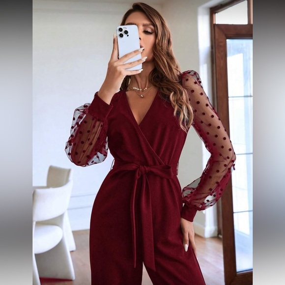 Boho polka dots mesh lantern sleeve belted jumpsuit - Picture 5 of 6